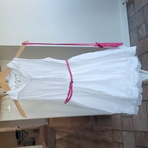 White Lace Lined Cotton Short Sleeve Dress with pink belt and purse